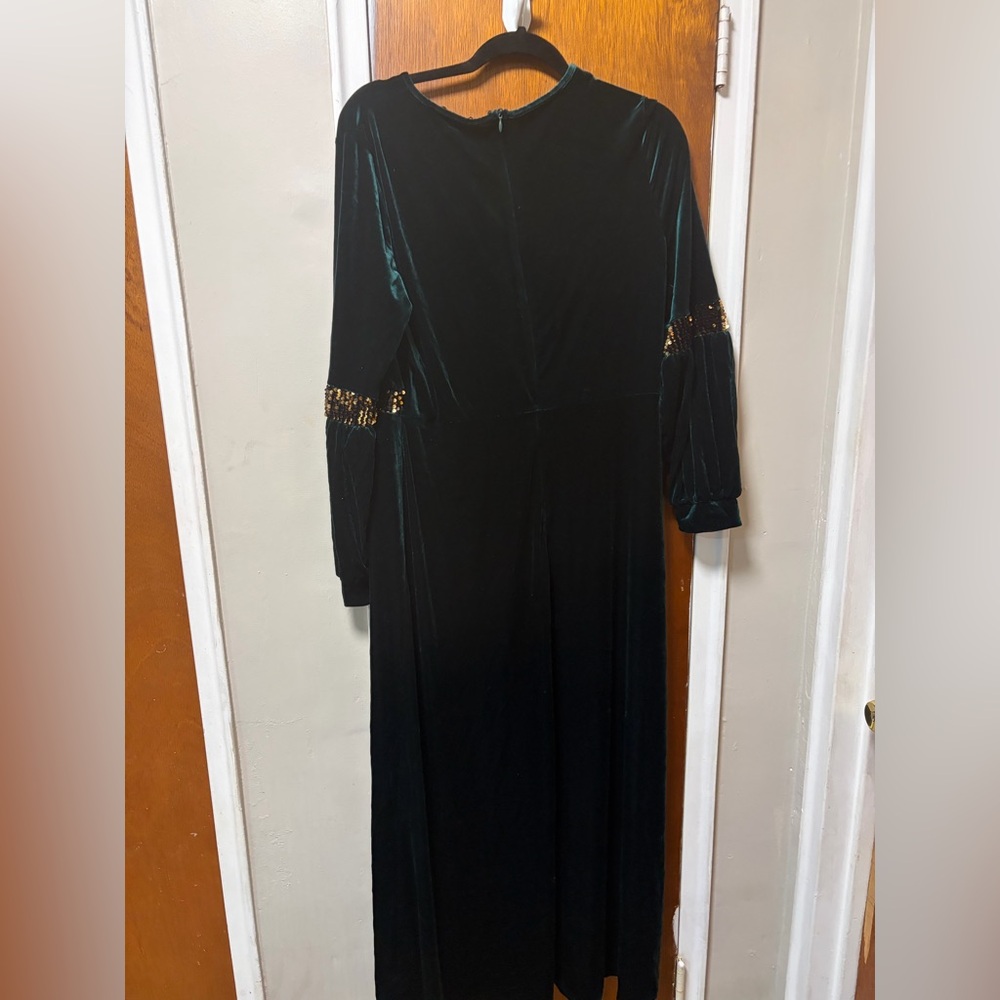 Elegant Green Velvet modest long sleeve Dress with Gold Accents small tear - Picture 2 of 7